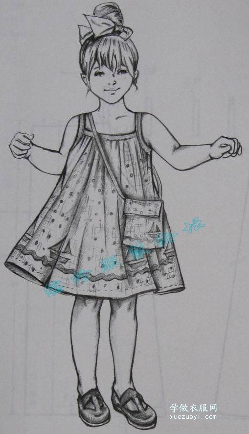 小女孩抽褶吊带连衣裙童装的裁剪图和缝制方法