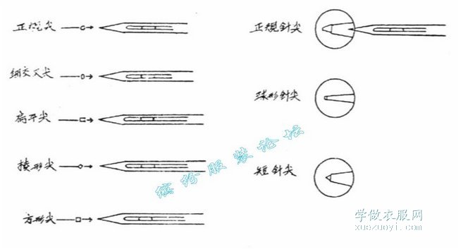 缝纫机的机针结构说明：针尖、针眼/孔、针槽、针柄